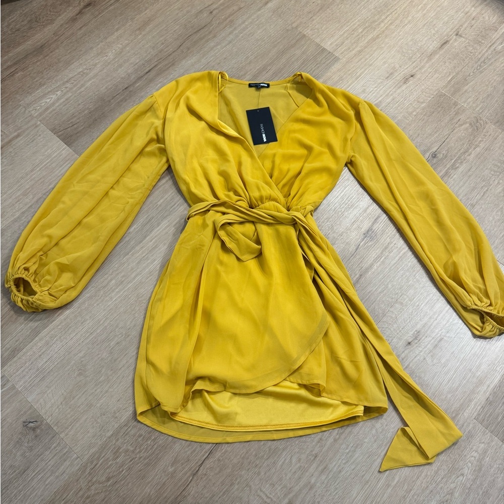 Fashion Nova Elegant Mustard Yellow Wrap Dress new